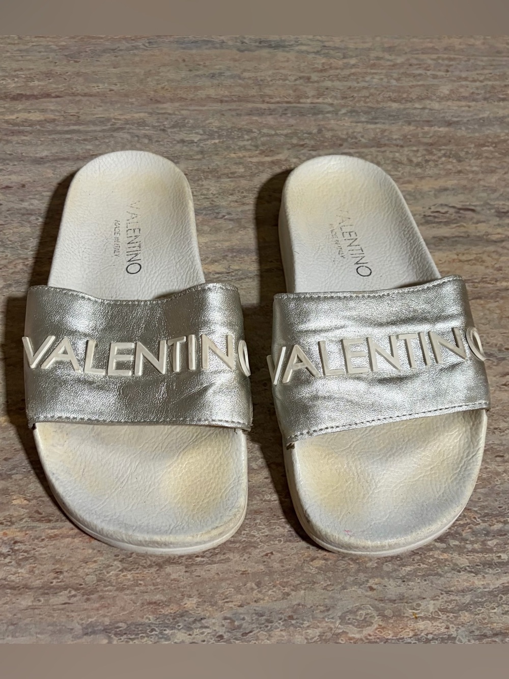 Valentino Metallic Silver with Raised White Logo Slide Sandals size 37/ 7